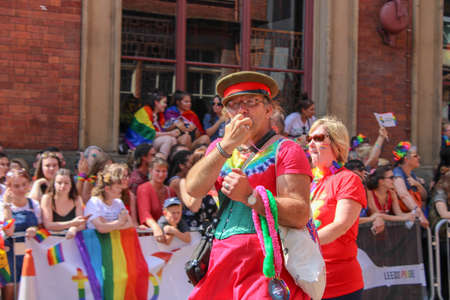 Leeds West Yorkshire UK - Aug 5th 2018: People taking part in The famous Leeds Gay Pride 2018 parade along with the Leeds LGBT Pride were businesses and even celebrities, Parade to support gay rights.のeditorial素材
