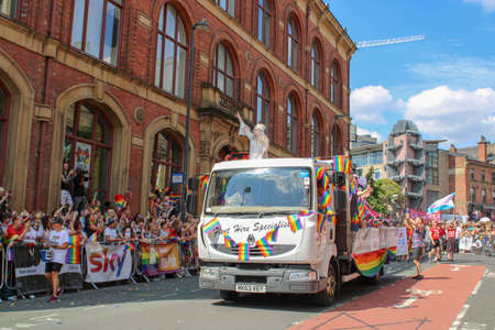 Leeds West Yorkshire UK - Aug 5th 2018: People taking part in The famous Leeds Gay Pride 2018 parade along with the Leeds LGBT Pride were businesses and even celebrities, Parade to support gay rights.のeditorial素材