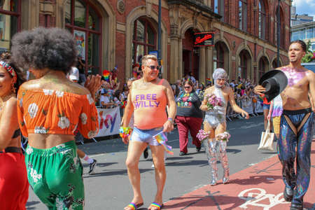 Leeds West Yorkshire UK - Aug 5th 2018: People taking part in The famous Leeds Gay Pride 2018 parade along with the Leeds LGBT Pride were businesses and even celebrities, Parade to support gay rights.のeditorial素材