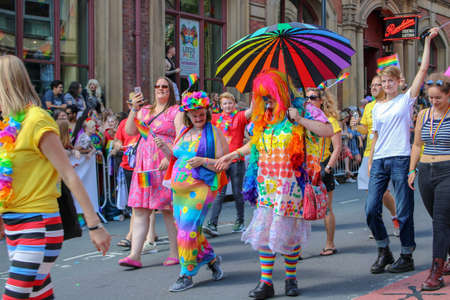 Leeds West Yorkshire UK - Aug 5th 2018: People taking part in The famous Leeds Gay Pride 2018 parade along with the Leeds LGBT Pride were businesses and even celebrities, Parade to support gay rights.のeditorial素材