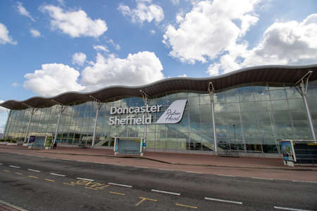 Doncaster UK, 18th August 2019: The Doncaster Sheffield Robin Hood international airport, outside the front entrance taken on a part cloudy sunny day. in West Yorkshireのeditorial素材