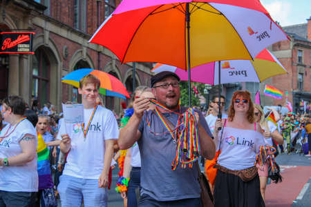 Leeds West Yorkshire UK - Aug 5th 2018: People taking part in The famous Leeds Gay Pride 2018 parade along with the Leeds LGBT Pride were businesses and even celebrities, Parade to support gay rights.のeditorial素材