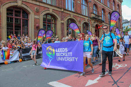 Leeds West Yorkshire UK - Aug 5th 2018: People taking part in The famous Leeds Gay Pride 2018 parade along with the Leeds LGBT Pride were businesses and even celebrities, Parade to support gay rights.のeditorial素材