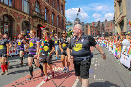 Leeds West Yorkshire UK - Aug 5th 2018: People taking part in The famous Leeds Gay Pride 2018 parade along with the Leeds LGBT Pride were businesses and even celebrities, Parade to support gay rights.のeditorial素材