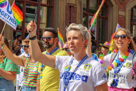 Leeds West Yorkshire UK - Aug 5th 2018: People taking part in The famous Leeds Gay Pride 2018 parade along with the Leeds LGBT Pride were businesses and even celebrities, Parade to support gay rights.のeditorial素材