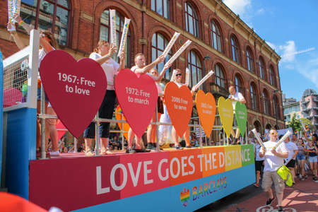 Leeds West Yorkshire UK - Aug 5th 2018: People taking part in The famous Leeds Gay Pride 2018 parade along with the Leeds LGBT Pride were businesses and even celebrities, Parade to support gay rights.のeditorial素材