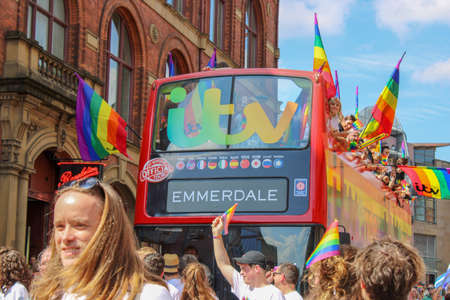 Leeds West Yorkshire UK - Aug 5th 2018: People taking part in The famous Leeds Gay Pride 2018 parade along with the Leeds LGBT Pride were businesses and even celebrities, Parade to support gay rights.のeditorial素材