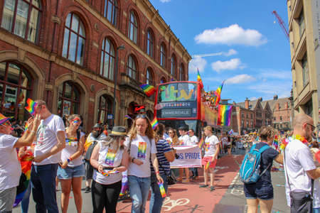Leeds West Yorkshire UK - Aug 5th 2018: People taking part in The famous Leeds Gay Pride 2018 parade along with the Leeds LGBT Pride were businesses and even celebrities, Parade to support gay rights.のeditorial素材
