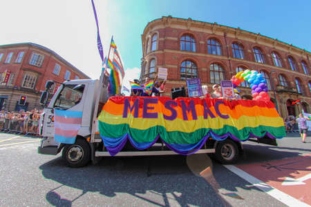 Leeds West Yorkshire UK - Aug 5th 2018: People taking part in The famous Leeds Gay Pride 2018 parade along with the Leeds LGBT Pride were businesses and even celebrities, Parade to support gay rights.のeditorial素材