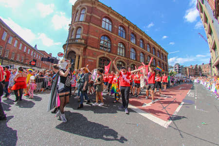 Leeds West Yorkshire UK - Aug 5th 2018: People taking part in The famous Leeds Gay Pride 2018 parade along with the Leeds LGBT Pride were businesses and even celebrities, Parade to support gay rights.のeditorial素材