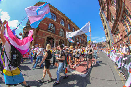 Leeds West Yorkshire UK - Aug 5th 2018: People taking part in The famous Leeds Gay Pride 2018 parade along with the Leeds LGBT Pride were businesses and even celebrities, Parade to support gay rights.のeditorial素材