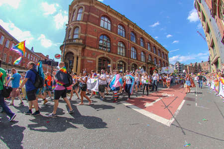 Leeds West Yorkshire UK - Aug 5th 2018: People taking part in The famous Leeds Gay Pride 2018 parade along with the Leeds LGBT Pride were businesses and even celebrities, Parade to support gay rights.のeditorial素材
