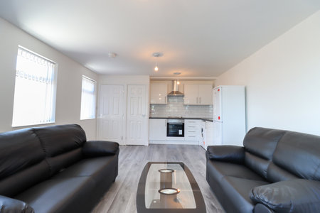 A modern British apartment living room and kitchen with black leather sofa and a coffee table on a grey wooden floor with white walls and modern fitted kitchen with washing machine, cooker stove.の写真素材