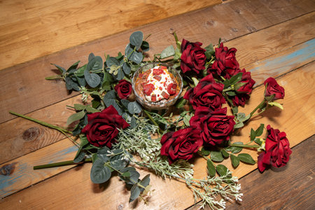 A delicious Chocolate mousse topped with Creme Fraiche Creams and chocolate bits surrounded by romanic valentines rosesの写真素材