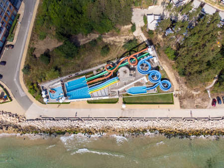 Aerial photo of the beautiful small town and seaside resort known as Obzor in Bulgaria showing the coastal hotels and people relaxing and having fun on the golden sunny beach of the Black Sea coastのeditorial素材