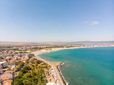 Aerial photo of the beautiful town of Nessebar, located in the Sunny Beach area of Bulgaria, taken with a drone on a bright sunny day showing the houses and businesses of the townのeditorial素材