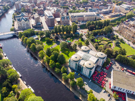 Aerial photo of the town of York located in North East England and founded by the ancient Romans, the photo shows the main town centre along the river.のeditorial素材