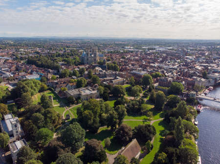 Aerial photo of the town of York located in North East England and founded by the ancient Romans, the photo shows the main town centre along the river.のeditorial素材