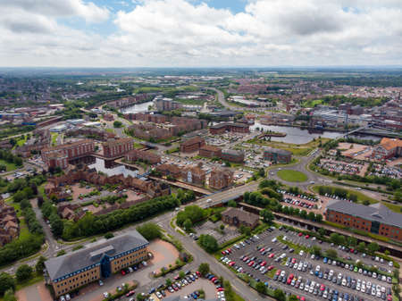 Aerial photo of the UK town of Middlesbrough a large post-industrial town on the south bank of the River Tees in the county of North Yorkshire, taken on a bright sunny dayのeditorial素材