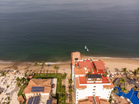 Aerial photos of the beautiful beach and hotels of Puerto Vallarta in Mexico, the town is on the Pacific coast in the state known as Jaliscoのeditorial素材