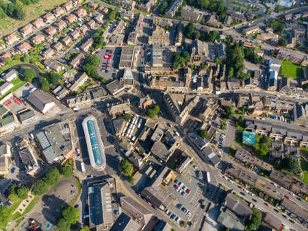 Aerial photo of the Leeds town of Pudsey in West Yorkshire, England showing typical British streets and business taken on a sunny bright summers day.のeditorial素材
