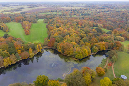Aerial photo in autumn showing the beautiful autumn fall colours of a park in Leeds known as...