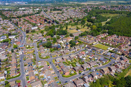 Aerial photo of the town centre of Rothwell in Leeds West Yorkshire in the UK showing typical British housing estates and suburban areas on a sunny summers dayのeditorial素材