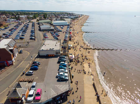 Aerial photo of the British seaside town of Hunstanton in Norfolk showing the coastal area and beach and alsop the caravan holiday park.のeditorial素材