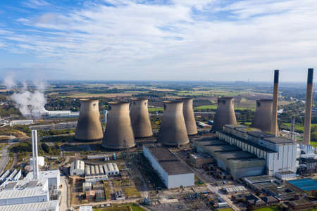 Aerial photo of the Ferrybridge Power Station located in the Castleford area of Wakefield in the UK, showing the power station cooling towers.のeditorial素材