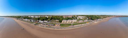 Aerial panoramic photo of the seaside village of Filey in the UK showing a wide view image of the sea front and coastal hotels in the summer timeのeditorial素材