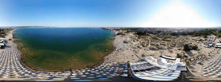 Aerial 360 Degree full sphere Panoramic photo view of the beach front on the beach of Sunny Beach in...