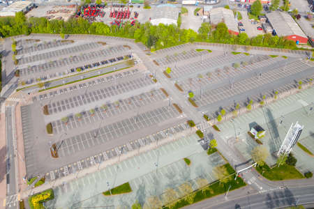 Aerial photo of the Junction32 Shopping outlet located in the village of Castleford in UK showing an empty car park with no cars in the spring time.のeditorial素材