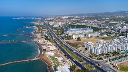 Aerial drone photo of the beautiful town of Alanya, a resort town on Turkeyâs central Mediterranean coast showing a hotel and vacation holiday resort from above in the summer time.の写真素材