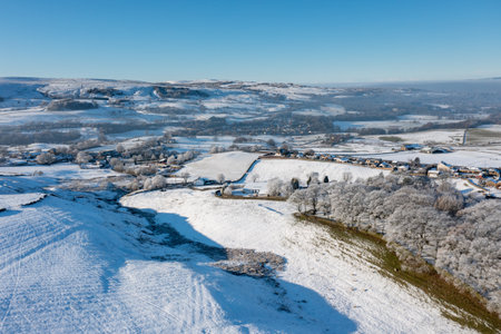 Aerial drone photo of the town of Mereclough in the town of Burnley in Lancashire, England showing...