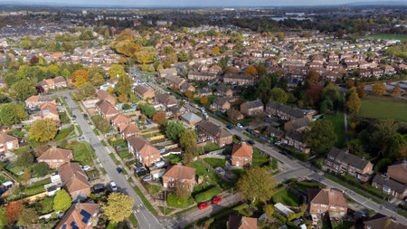 Aerial photo of the the town of Woodthorpe, it's a suburb in the south west of the city of York, North Yorkshire, England showing an aerial view of residential housing estates in the town.の写真素材