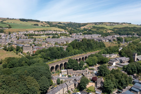 Aerial drone photo of the historic Yorkshire town of Huddersfield in the UK, showing the residential...