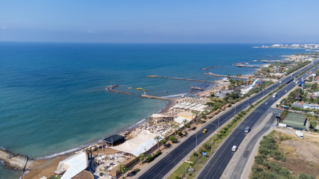 Aerial drone photo of the beautiful town of Alanya, a resort town on Turkeyâs central Mediterranean coast showing a hotel and vacation holiday resort from above in the summer time.の写真素材