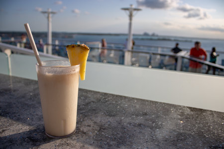 Close up of a tropical chocolate cocktail drink taken on an ocean liner cruse ship.の写真素材