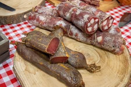 A delicious display of cold meats including Salami and chorizosの写真素材