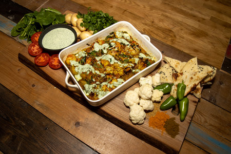 A baking trey of delicious Bombay Potato Trey Bake surrounded with the ingredients used to create the dishの写真素材
