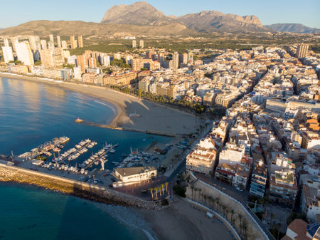 Aerial photo taken in Benidorm in Spain Alicante, showing the beautiful beach of Playa Levante and hotels, buildings, and high rise skyline cityscape.の写真素材