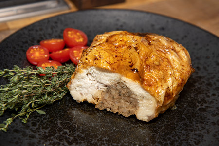 A delicious meat roast stuffed with stuffing with tomatoes and garnish on a wooden backgroundの写真素材