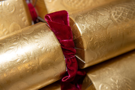 A gold classic British UK Christmas cracker with a red velvet bowの写真素材