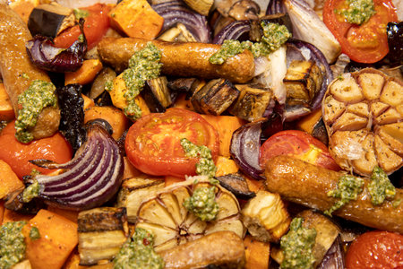 A baking trey of sausages and vegetables with tarragon relishの写真素材