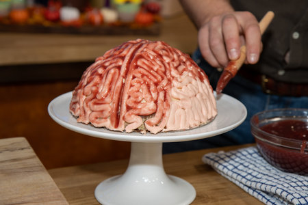 A cake in the shape of a brain with strawberry source brushed on it to make the sponge cake look like a real human brain for the halloween party food with the baker painting it with jamの写真素材