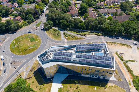 Poole UK, 17th June 2020: Aerial photo of the Bournemouth University, Talbot Campus buildings from above showing the Arts University Bournemouth, the Student Village, Fusion Building, Medical Centreの写真素材