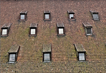 Roofs with windows in the city Gdansk in Polandの写真素材