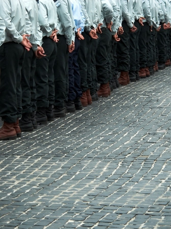 Row of soldiers at the Uprising monument in Warsawの写真素材