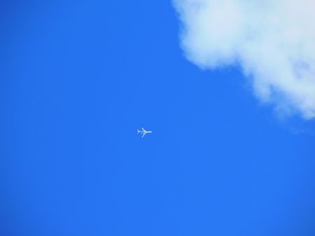 airplane flying in blue sky with clouds