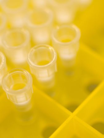 Macro of some yellow  pipette plastic tips in a rackの写真素材